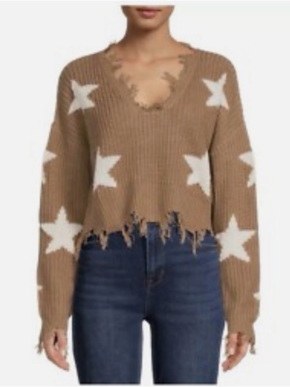 Just Polly Star Print Distressed Shark Bite Hem Sweater